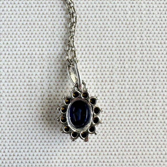 Silver-Tone Necklace With Blue Faceted Glass Rhinestone Pendant & Clear Rhinesto - Picture 7 of 8